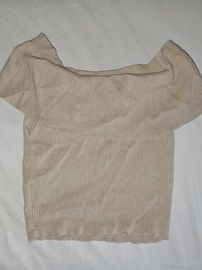 Revamped Beige Off-the-Shoulder Ribbed Sweater